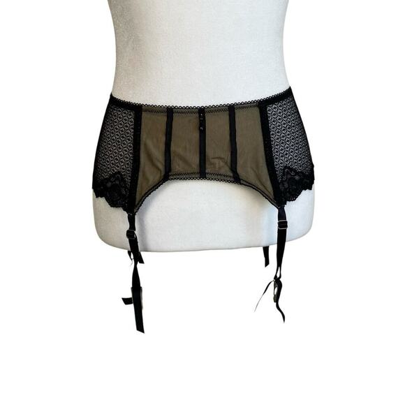 Elle Macpherson Spellbound Suspender Garter Belt Black Tan Mesh Lace Beads - Picture 2 of 16
